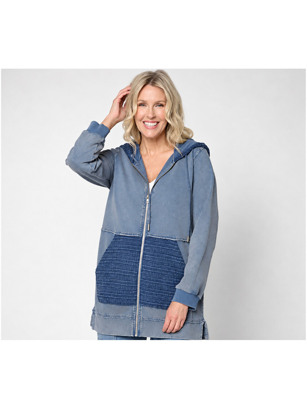 LOGO Lounge by Lori Goldstein Overdye Zip Front Hoodie Vintage Indigo ,Small
